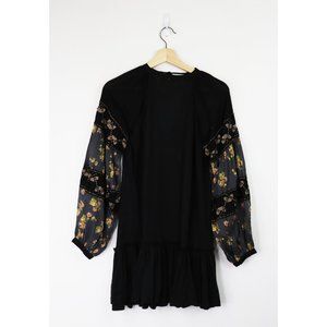 Free People Mix It Up Beaded Balloon Sleeve Floral Tunic Mini Dress Black XS